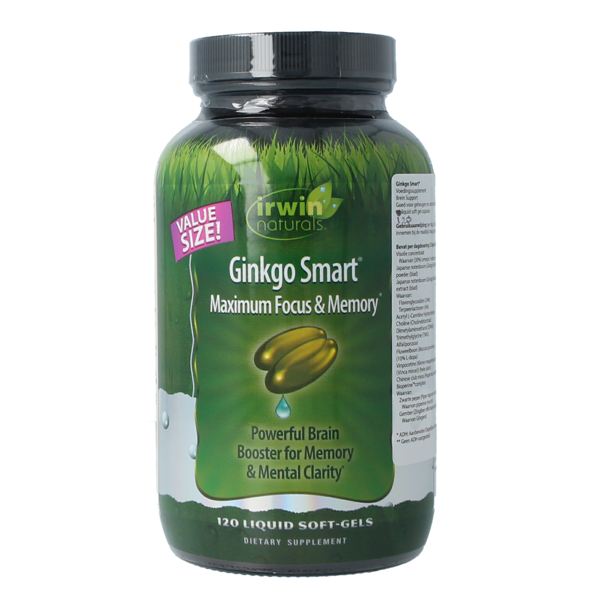 Irwin Naturals Ginkgo Smart softgels supplement in a bottle, natural herbal remedy for cognitive support and mental clarity.