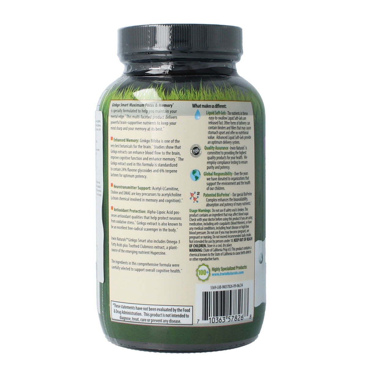 Irwin Naturals Ginkgo Smart herbal supplement softgels in bottle, featuring green and white label with Ginkgo extract capsules.