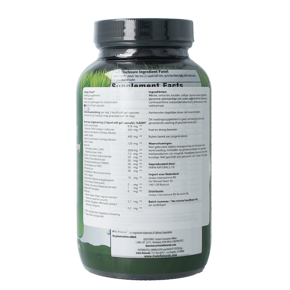 Irwin Naturals Ginkgo Smart softgels, herbal supplement in a clear bottle, showing golden capsules for cognitive support.
