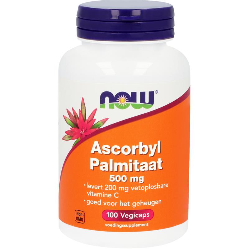 NOW Ascorbyl Palmitate 500mg vegetarian capsules, vitamin supplement in a clear bottle with white cap.