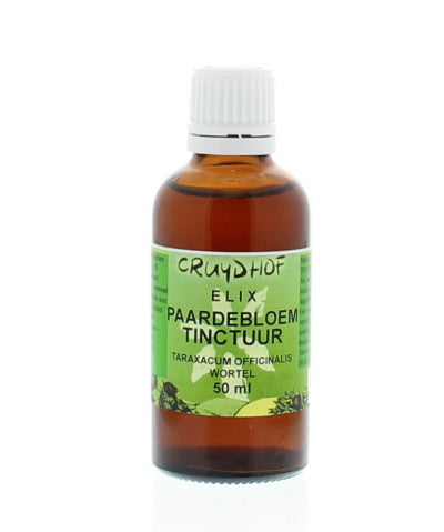 Elix Paardenbloemwortel tinctuur in 50ml bottle, herbal supplement from Elix, showing the dark liquid inside the glass dropper bottle.