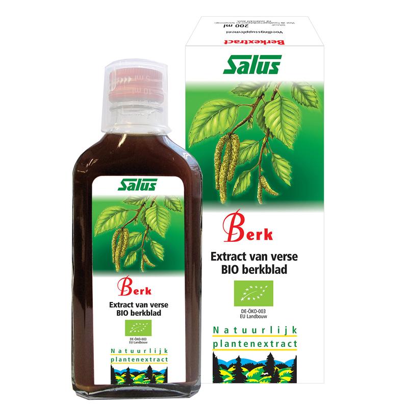Bottle of Salus Berkensap bio herbal preparation in 200ml glass container, labeled with green and white packaging, on white background.