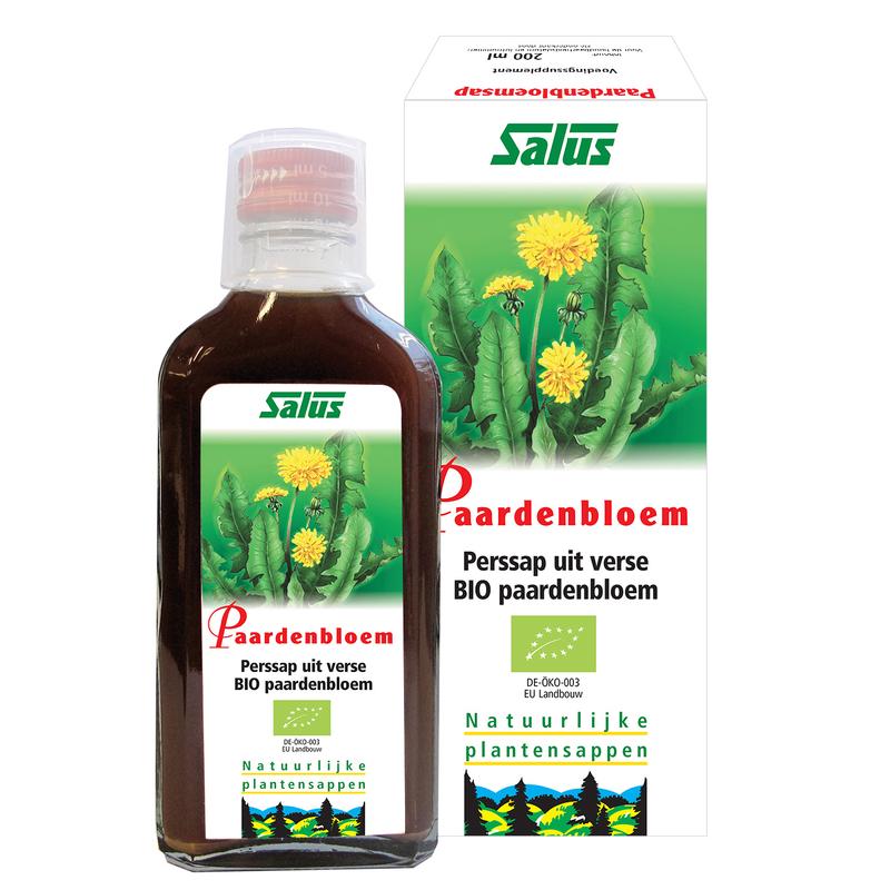 Bottle of Salus Paardenbloemsap bio herbal preparation, 200ml, with fresh dandelflower extract in a clear glass bottle.