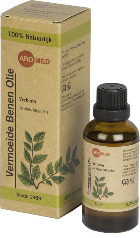 Aromed Verbena foot care oil for tired legs, 50ml, featuring a dropper bottle with fresh verbena leaves and herbal ingredients.