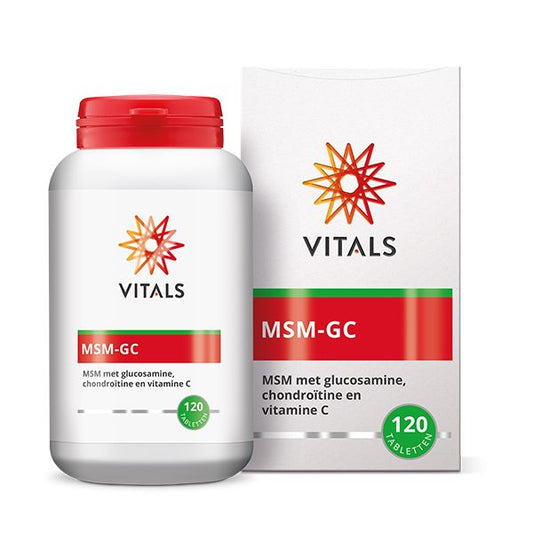 Vitals MSM GC mineral supplement tablets, showing a close-up of the Vitals MSM GC 120-tablet bottle and tablets inside.