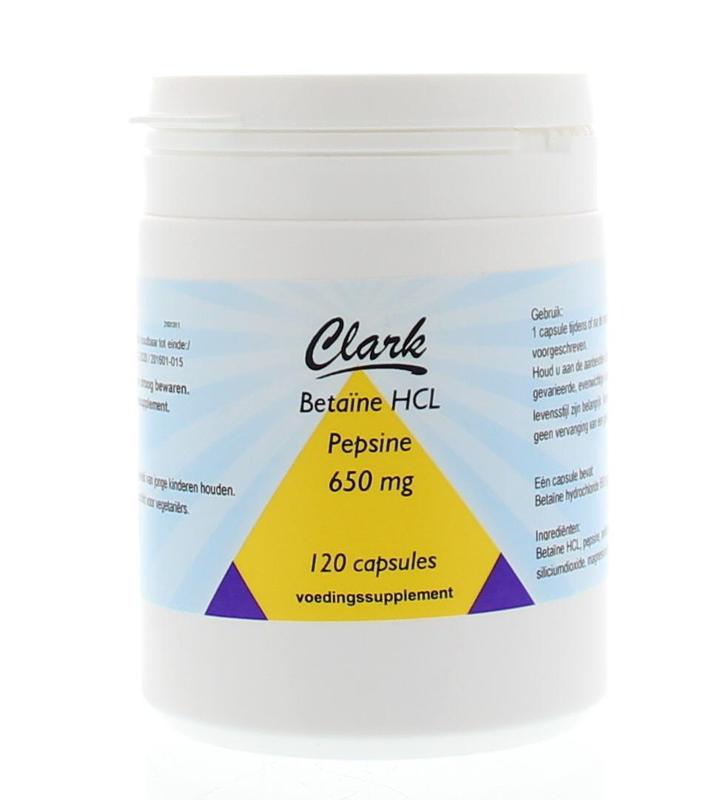 Clark Betaine HCL 650 capsules, herbal supplement by Clark, shown in a bottle with capsules for digestive support.