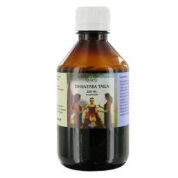 Holisan Dhantara taila 250ml bottle for body care, with a clear view of the amber-colored oil and label on the packaging.