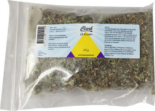 Clark Lever kruidenpreparaten kruidenthee in 125g package, featuring fresh herbs and natural ingredients for soothing tea.