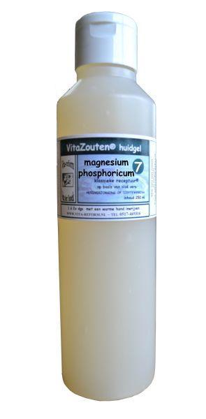 Vitazouten Magnesium phosphoricum huidgel nr. 07 in 250ml container, used for body care, with a smooth gel texture.