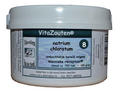 Vitazouten Natrium Chloratum mineralen tablet, VitaZout nr. 08 720.00, shown as small white tablet on white background.