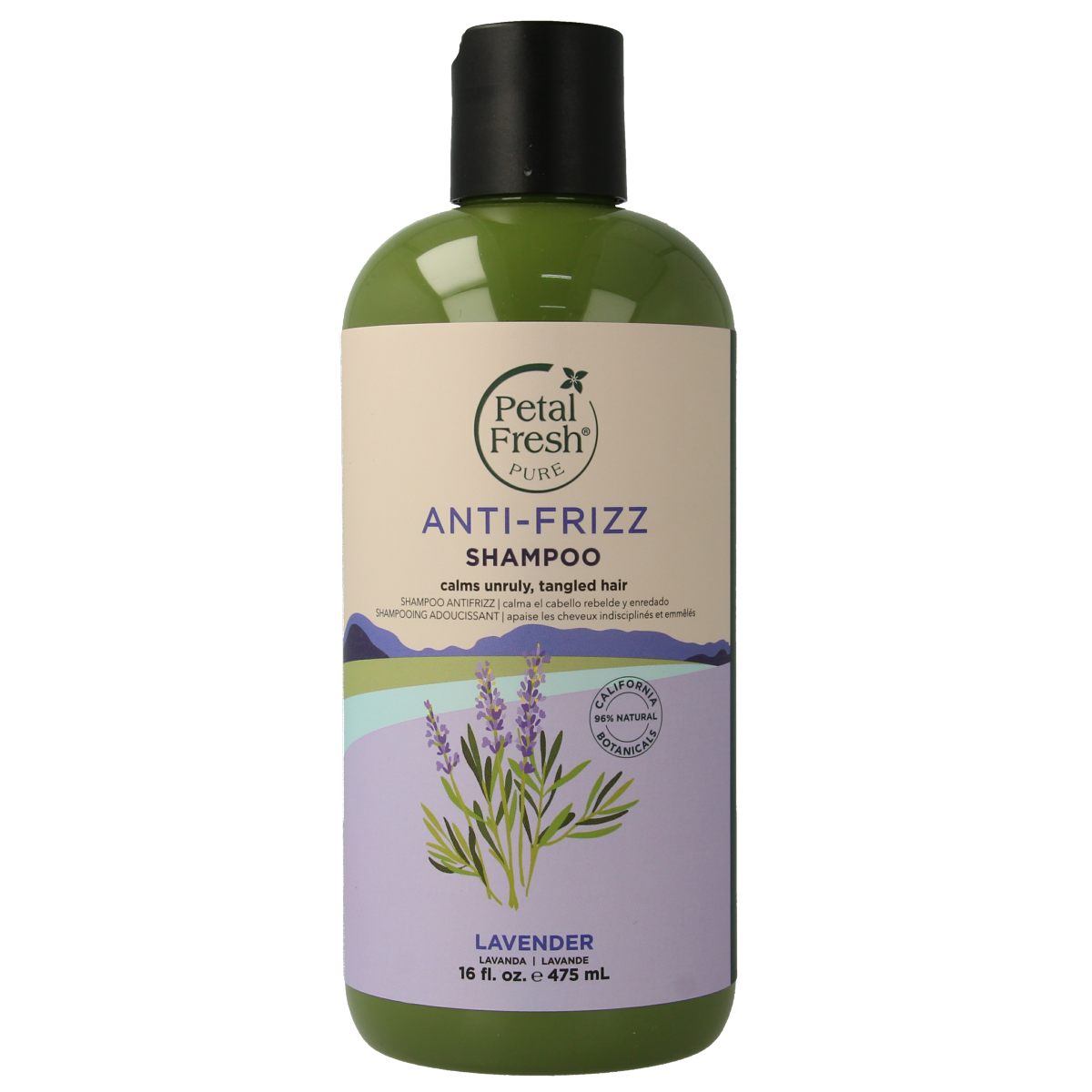 Petal Fresh nourishing lavender shampoo in a 475ml bottle, designed for hair care and natural nourishment.