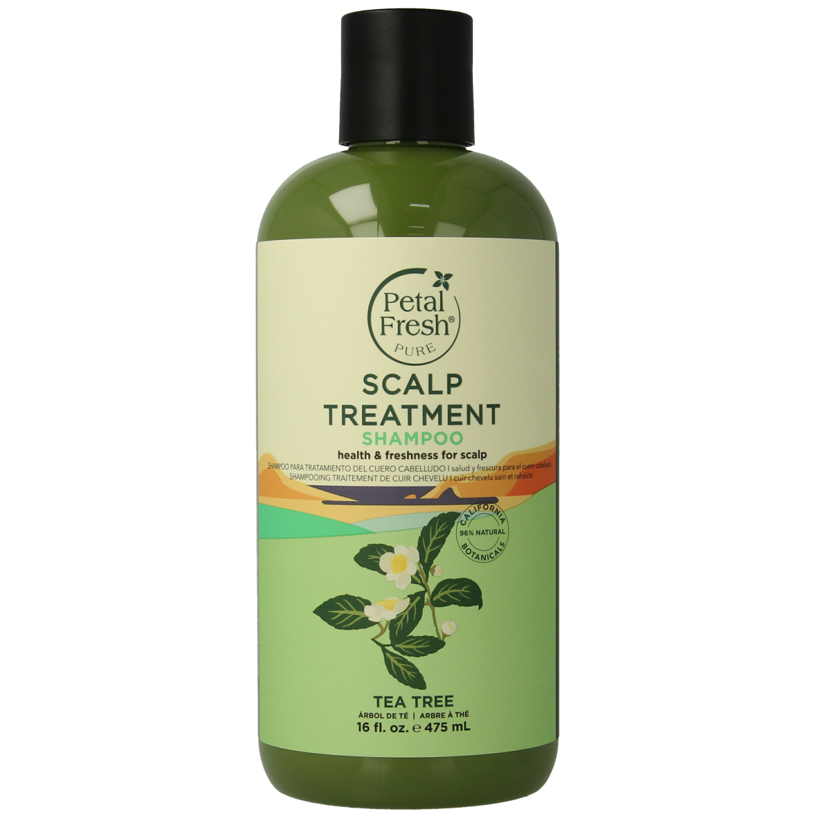 Petal Fresh Tea Tree Shampoo 475ml bottle for hair care, featuring a clear label and green tea tree imagery.