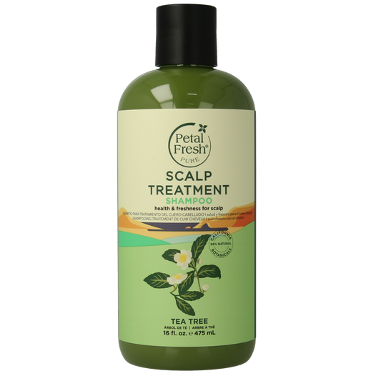 Petal Fresh Tea Tree Shampoo 475ml bottle for hair care, featuring a clear label and green tea tree imagery.