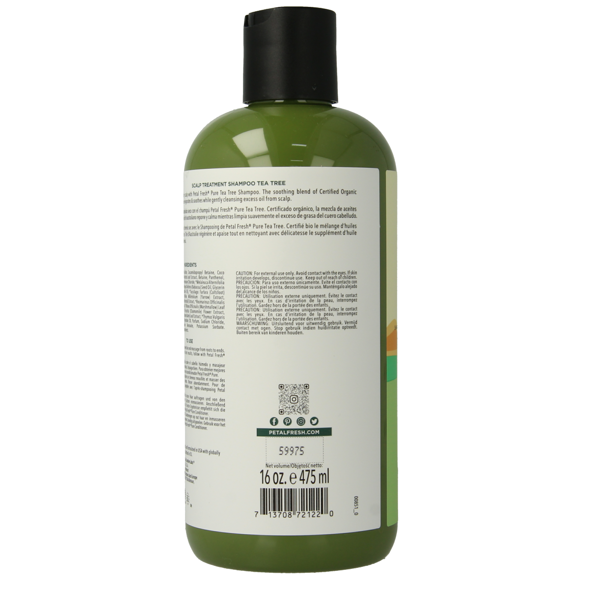 Petal Fresh Tea Tree Shampoo in a 475ml bottle, natural hair care product with tea tree for scalp refreshment and hair cleansing.