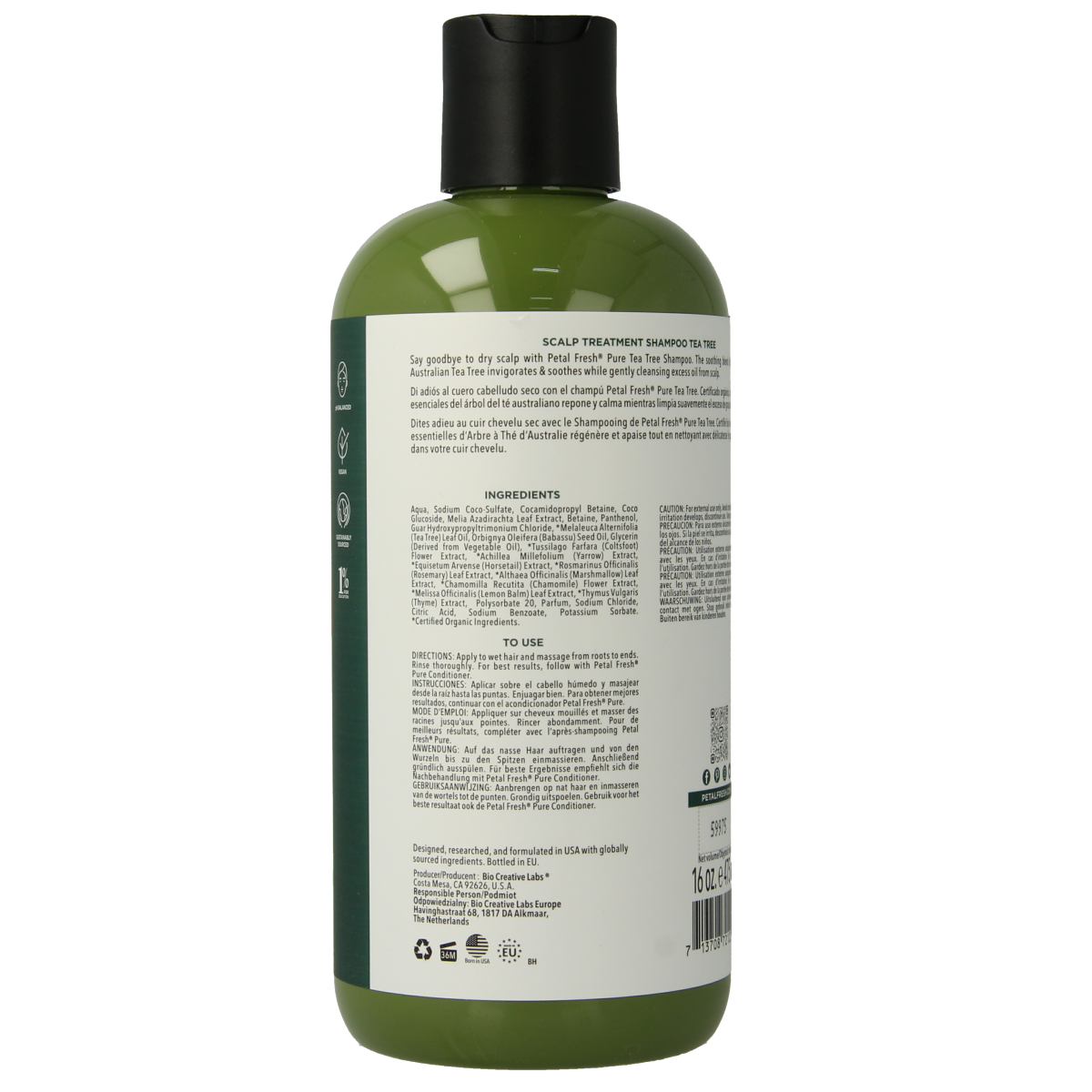 Petal Fresh Tea Tree Shampoo 475ml bottle, natural hair care product with tea tree for scalp and hair health.