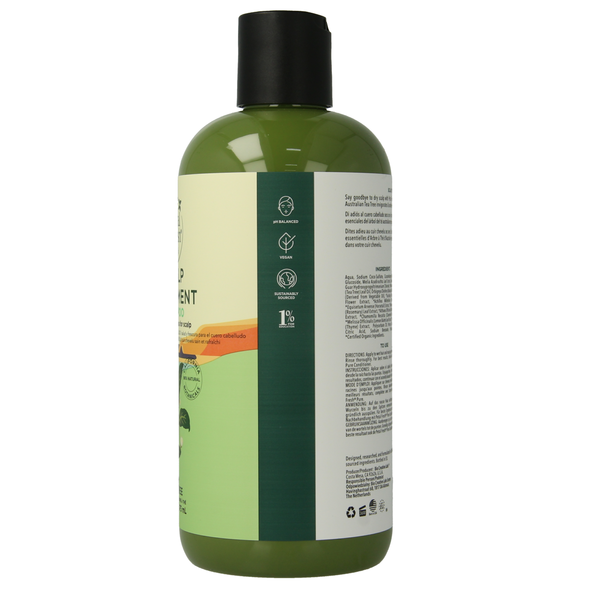 Petal Fresh Tea Tree Shampoo bottle, 475ml, for hair care, with clear label showing natural ingredients and brand logo.