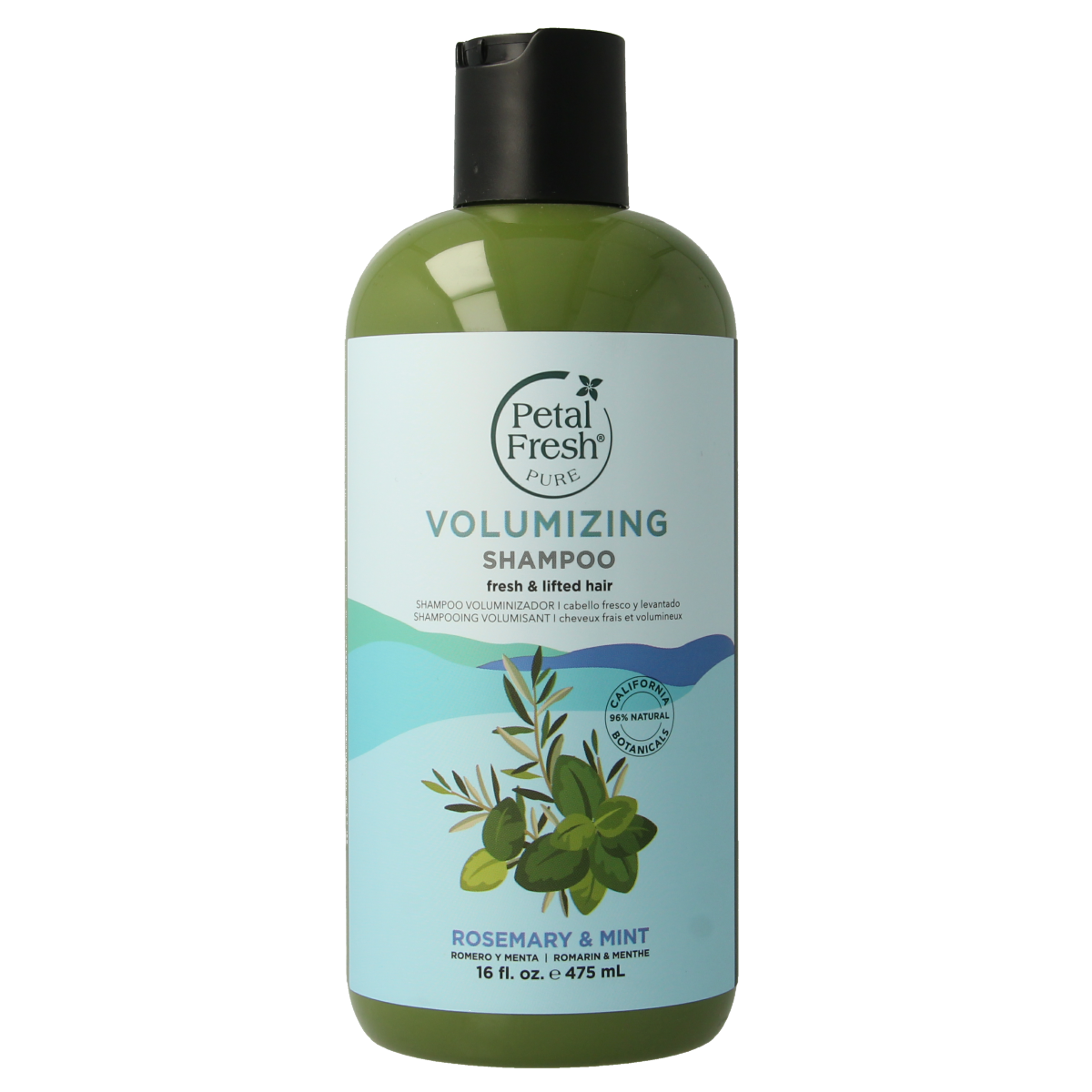 Petal Fresh rosemary and mint shampoo in a 475ml bottle, natural hair care product with herbal ingredients.