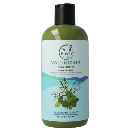 Petal Fresh rosemary and mint shampoo in a 475ml bottle, natural hair care product with herbal ingredients.