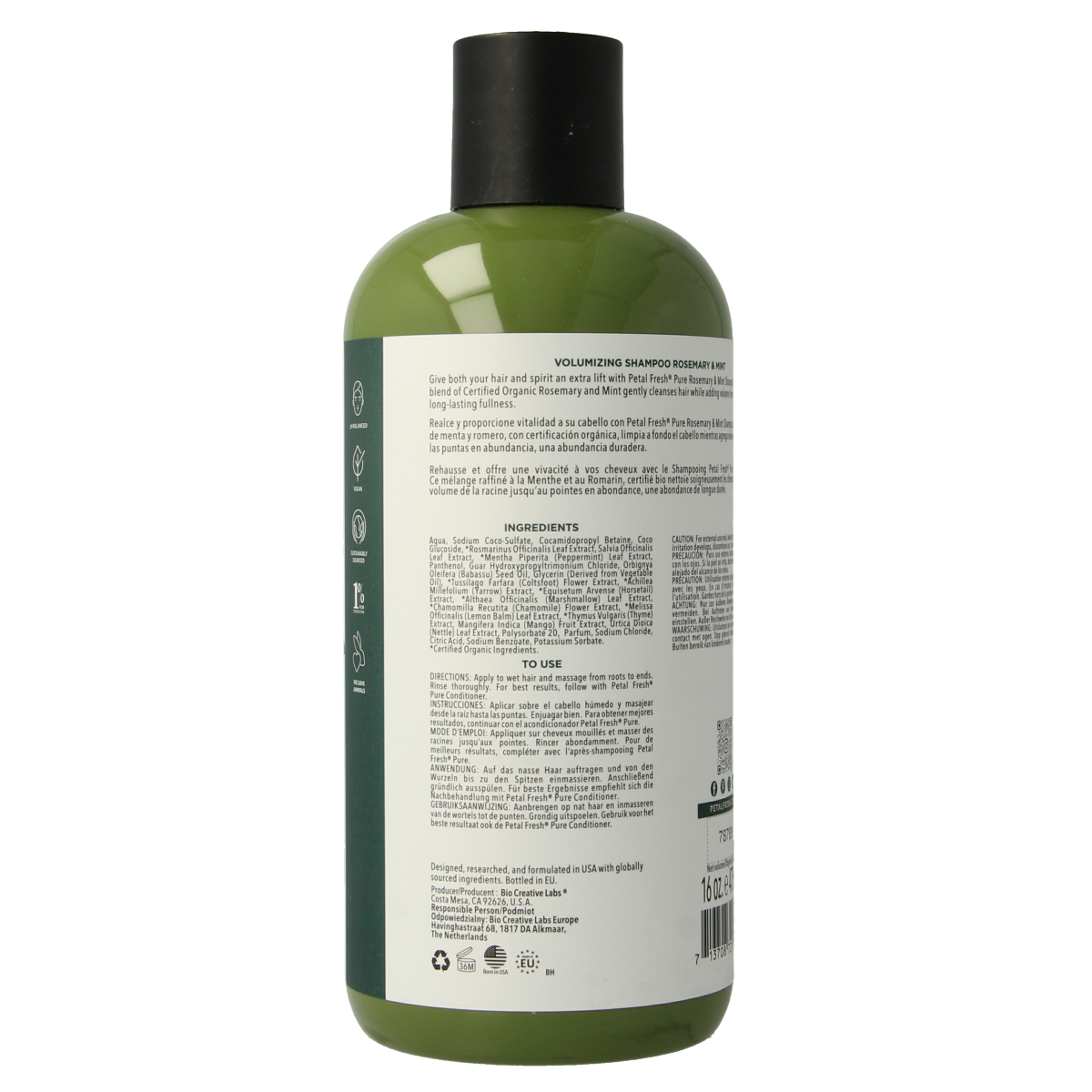 Petal Fresh rosemary & mint shampoo bottle for hair care, 475ml, with fresh herbal ingredients and natural scent.
