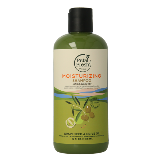 Petal Fresh Grape Seed & Olive Oil Shampoo in 475ml bottle, natural hair care product with nourishing ingredients.