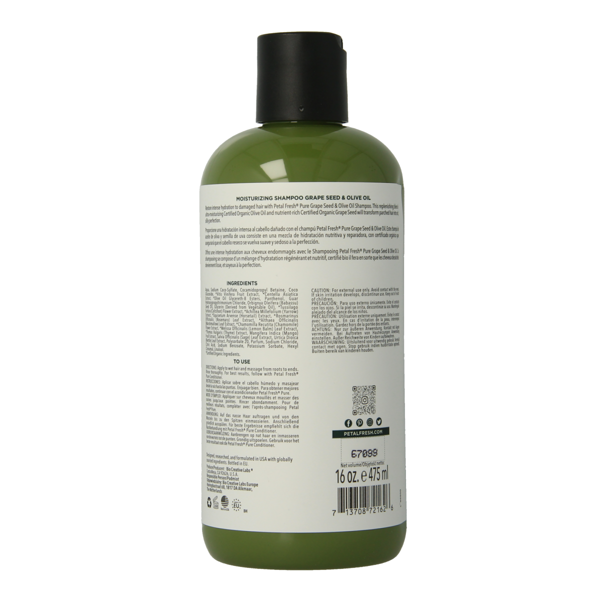 Petal Fresh Grape Seed & Olive Oil Shampoo for hair care, 475ml bottle with natural ingredients visible in the image.