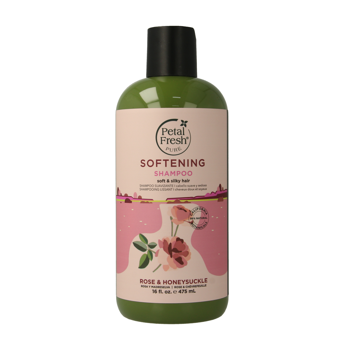 Petal Fresh Rose & Honeysuckle Shampoo bottle, 475ml, with floral label, for nourishing hair care.