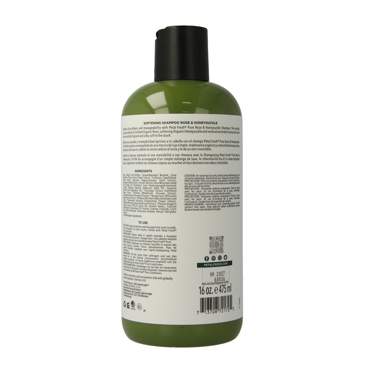 Petal Fresh rose and honeysuckle shampoo bottle, 475ml, for hair care with floral scent and nourishing ingredients.