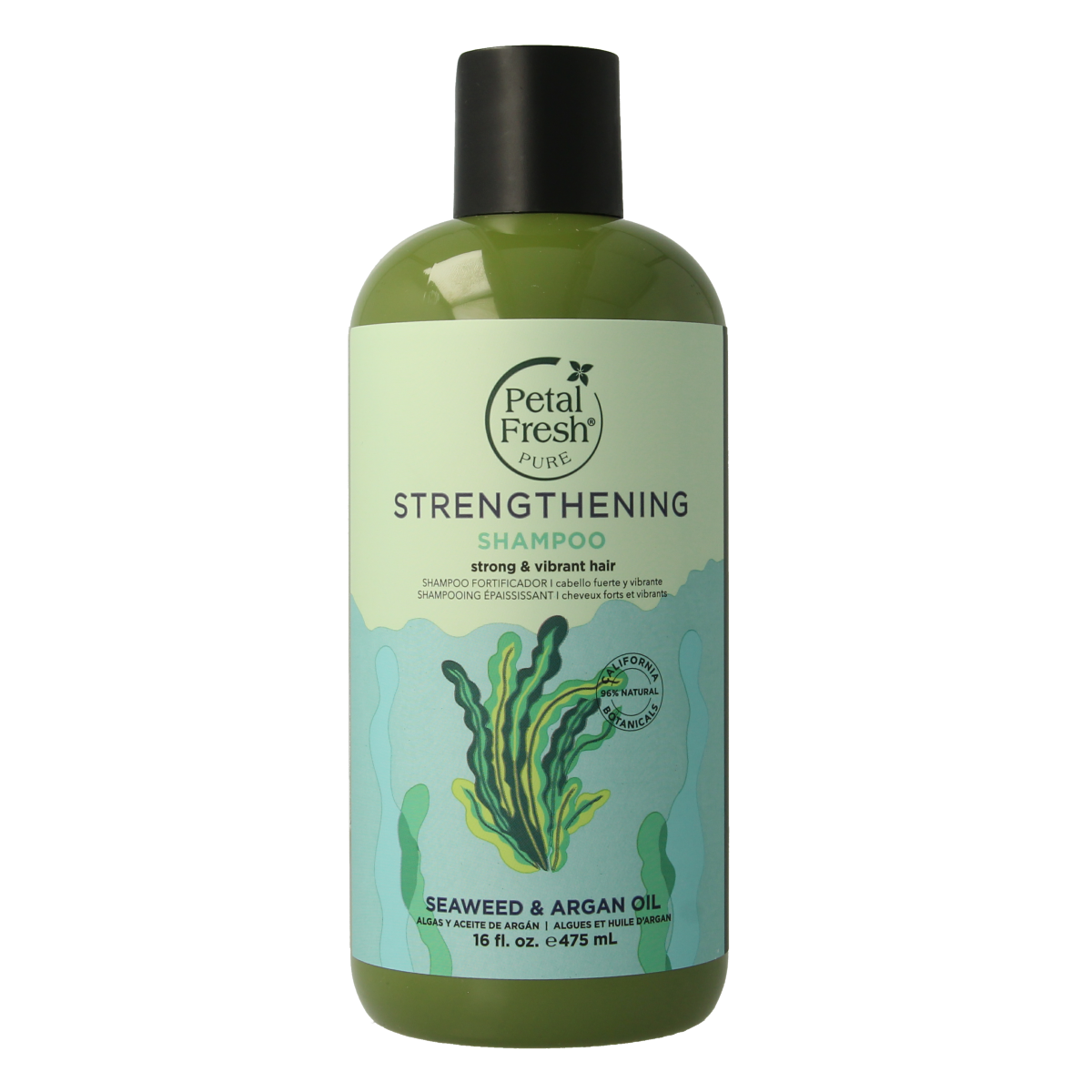 Petal Fresh Seaweed & Argan Oil Shampoo bottle, 475ml, for hair care, with green and white packaging and product label visible.