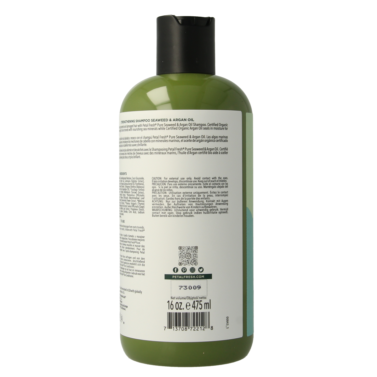 Petal Fresh Seaweed & Argan Oil Shampoo bottle, 475ml, for hair care, with natural ingredients and nourishing formula.