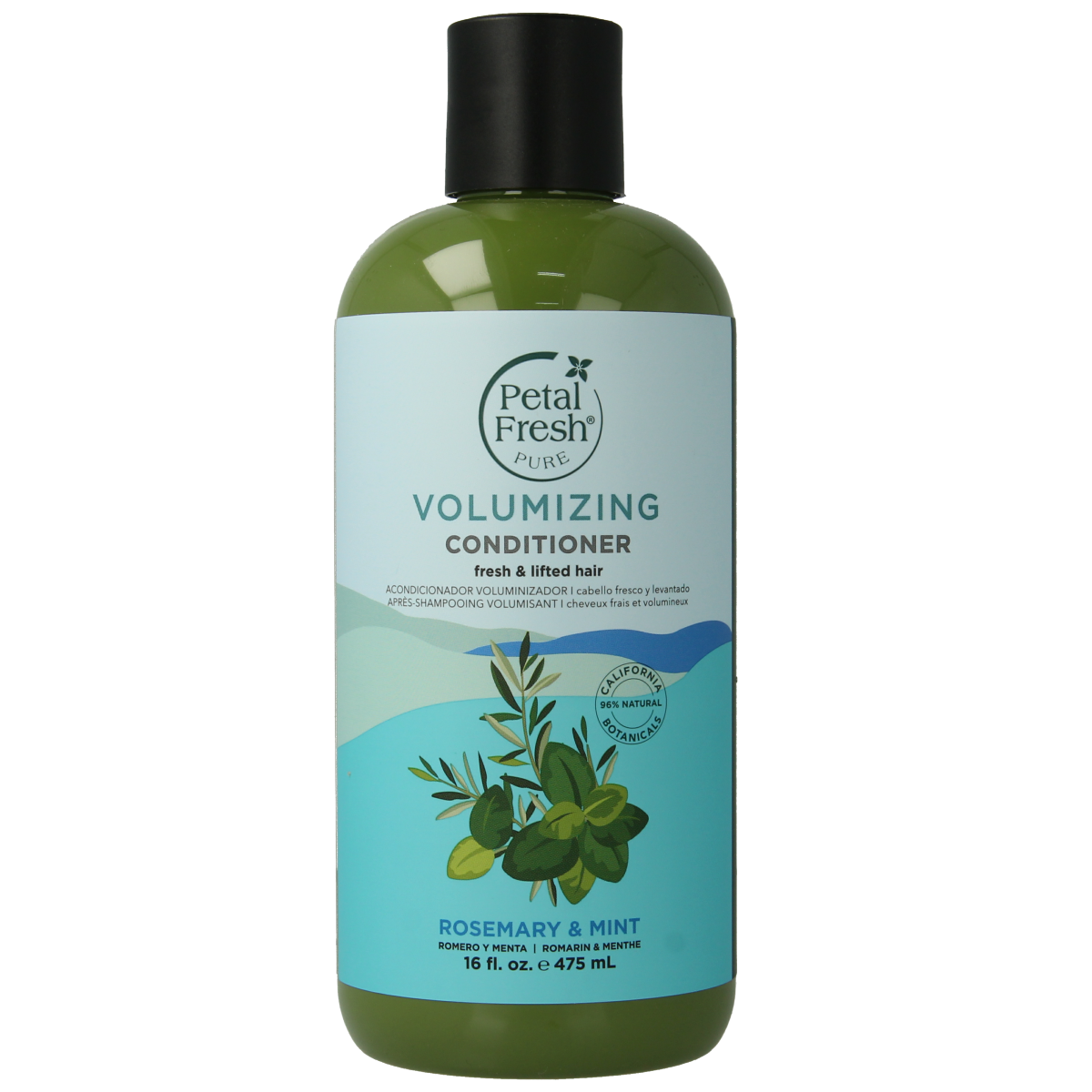 Petal Fresh rosemary and mint conditioner in a 475ml bottle, featuring natural ingredients for hair care.