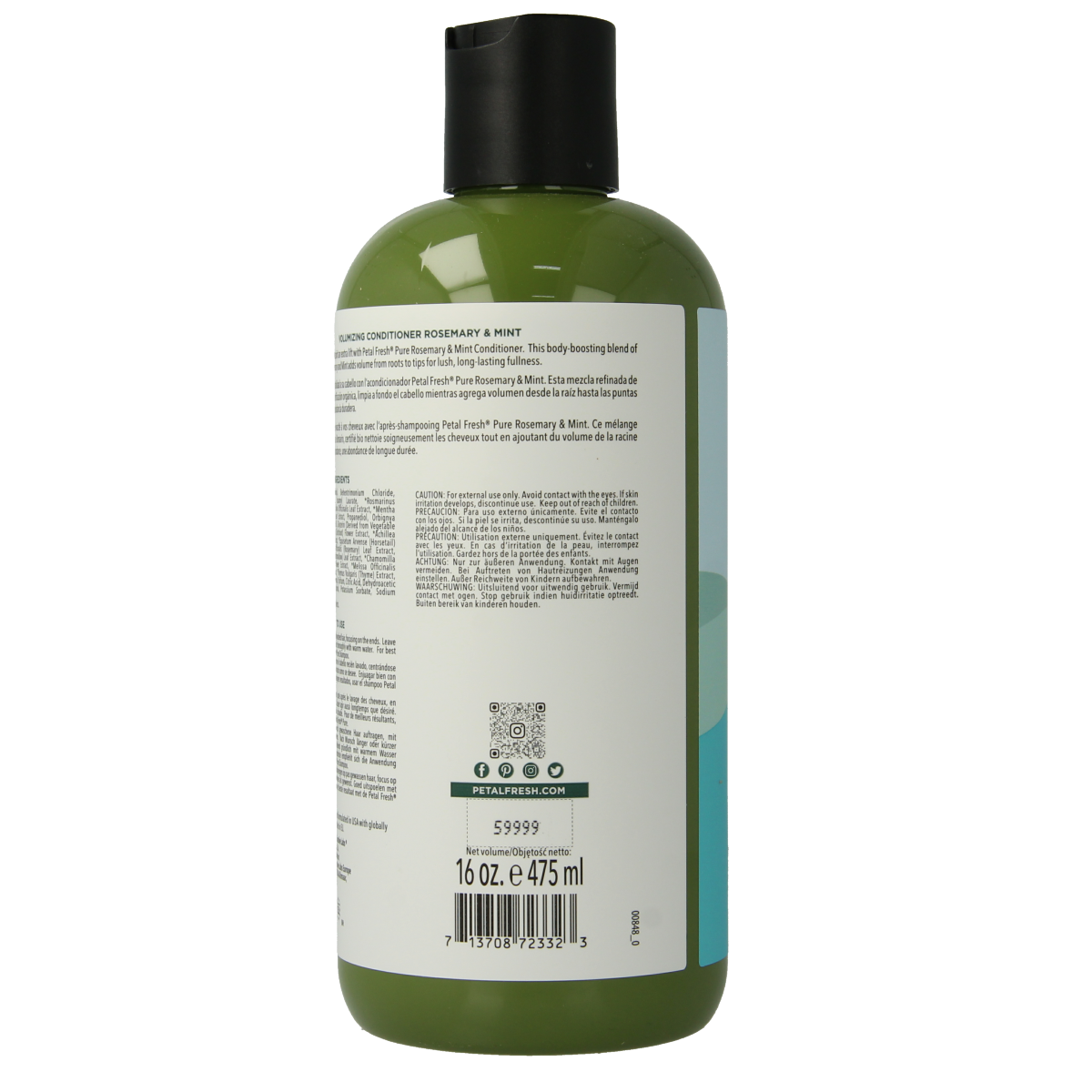 Petal Fresh Rosemary & Mint Conditioner bottle, 475ml, for hair care, with fresh herbal ingredients, shown in a natural light setting.