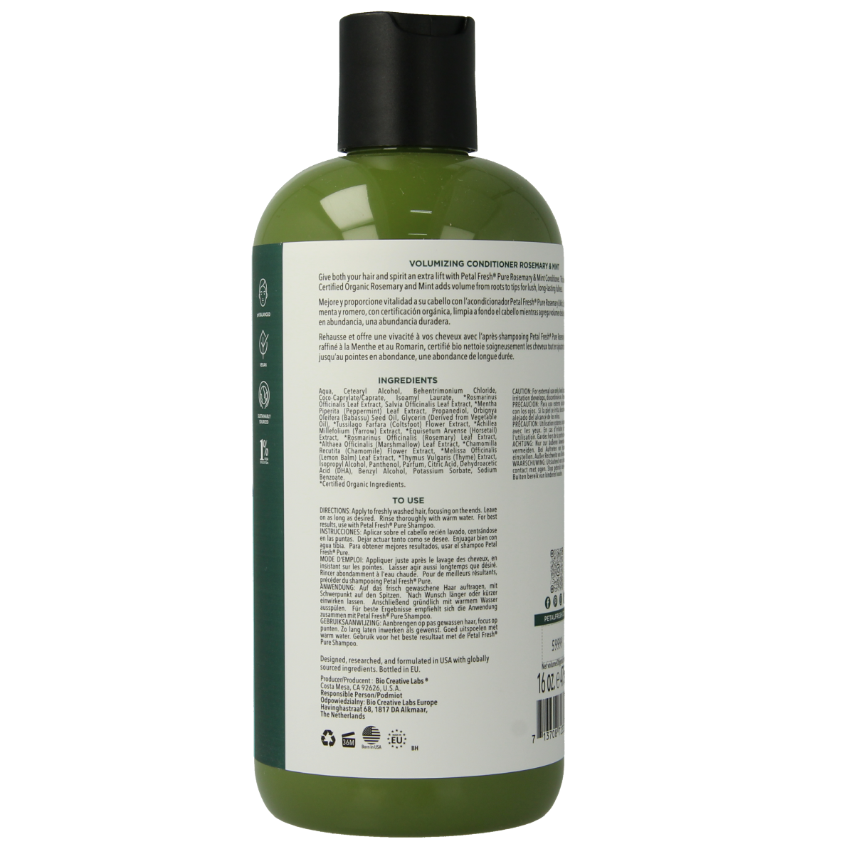 Petal Fresh Rosemary & Mint Conditioner 475ml bottle with fresh herbs on the label, for hair care and scalp refreshment.