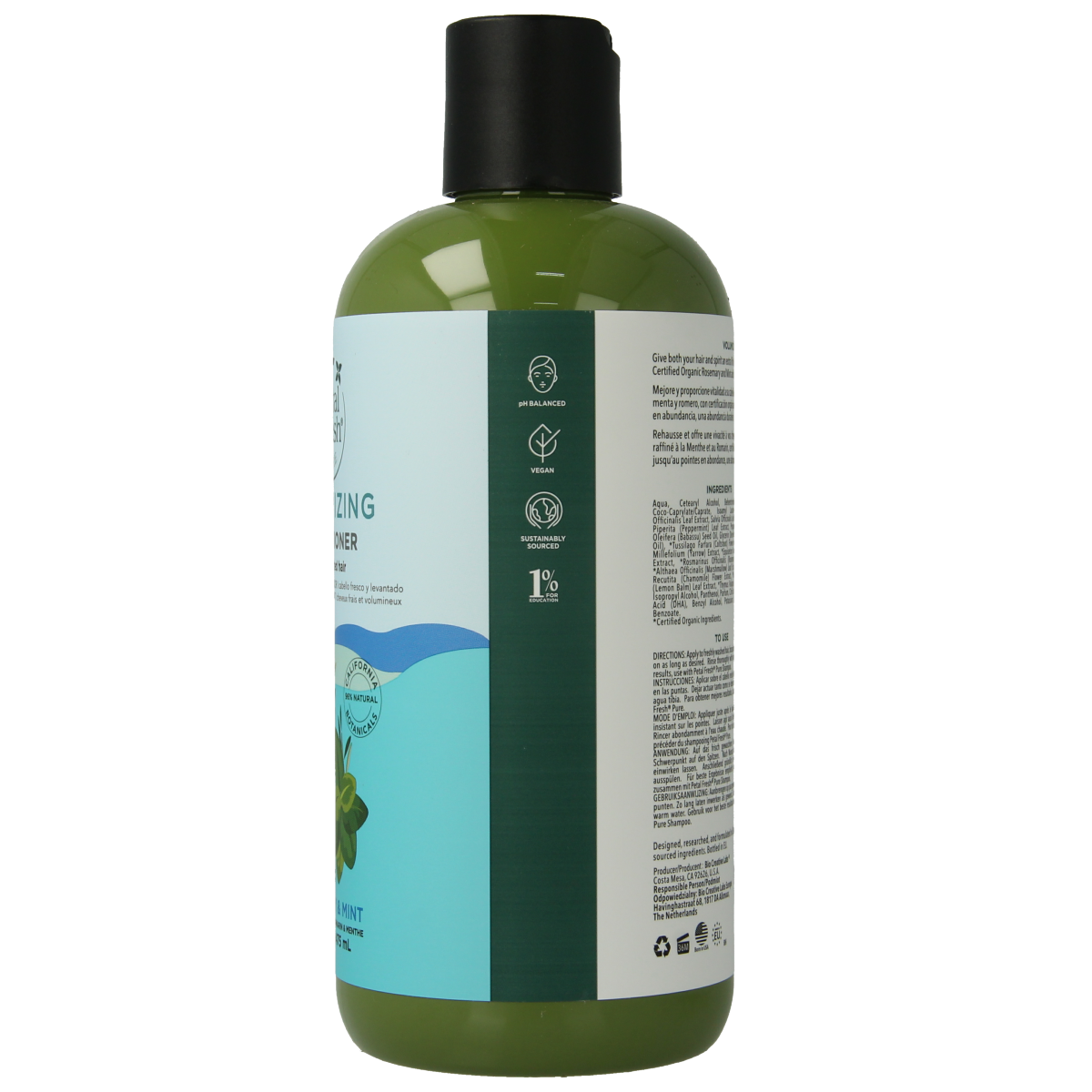 Petal Fresh rosemary and mint conditioner bottle, 475ml, for hair care, featuring fresh herbs and natural ingredients.
