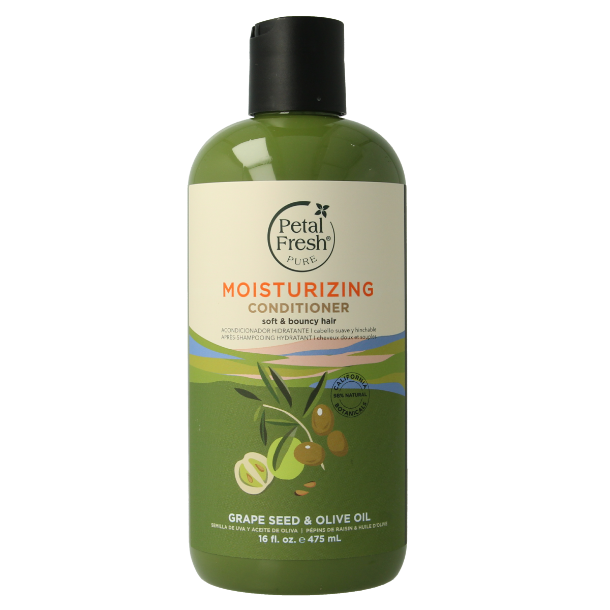 Petal Fresh Grape & Olive Oil Conditioner for hair care, 475ml bottle with natural ingredients and nourishing formula.