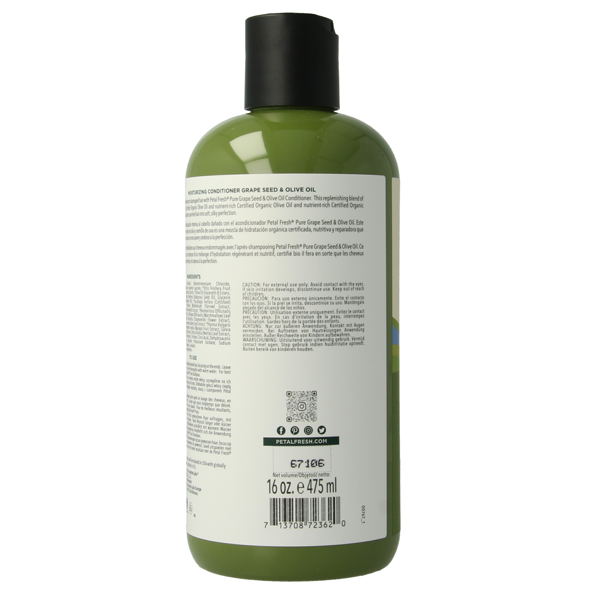 Petal Fresh Grape & Olive Oil Hair Conditioner bottle, 475ml, in a white container with a colorful label for nourishing hair care.