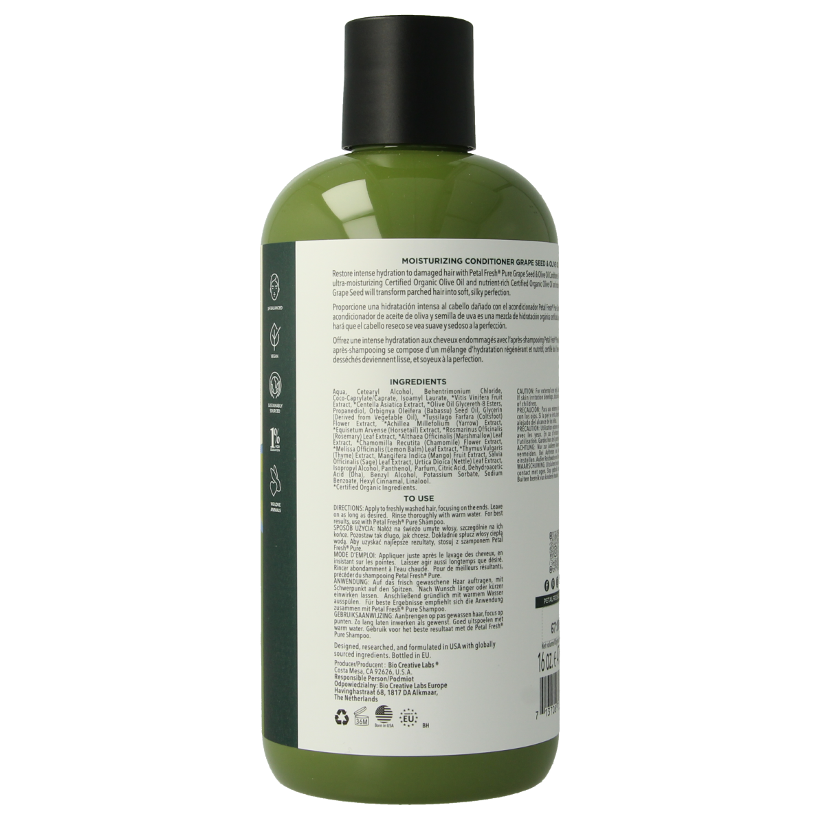 Petal Fresh Grape & Olive Oil Conditioner for hair care, showing a 475ml bottle with botanical ingredients and natural packaging.