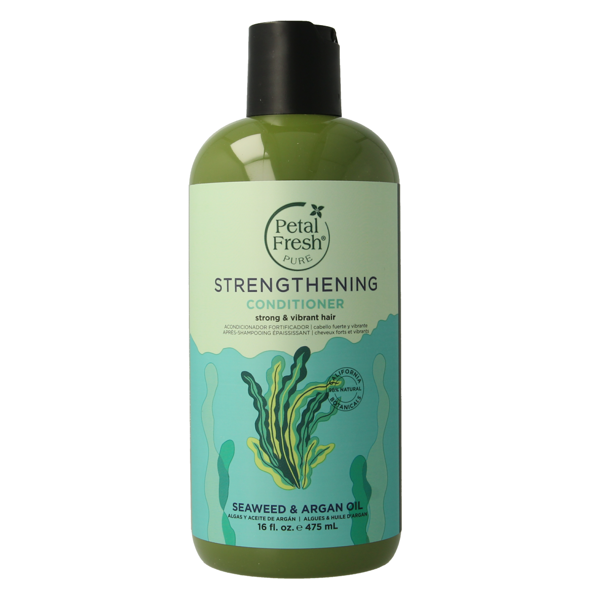 Petal Fresh seaweed and argan oil conditioner bottle for hair care, 475ml, with a sleek packaging design.