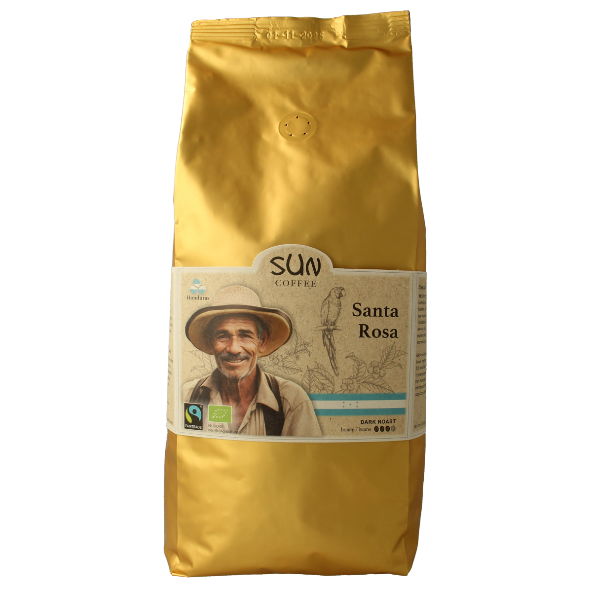 SUN Coffee Santa Rosa dark roast coffee beans in 1kg bag, organic, rich flavor, suitable for brewing and espresso.