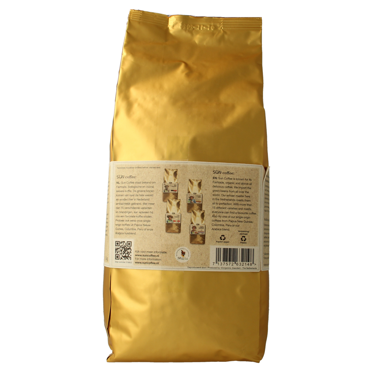 Bag of SUN Coffee Santa Rosa dark roast organic coffee beans in 1kg package, showcasing the dark roasted beans.