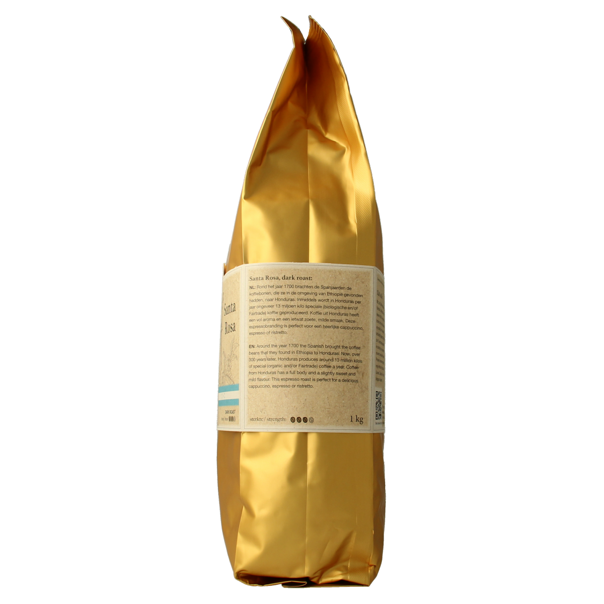 SUN Coffee Santa Rosa dark roast organic coffee beans in 1kg bag, showing glossy roasted coffee beans for brewing.