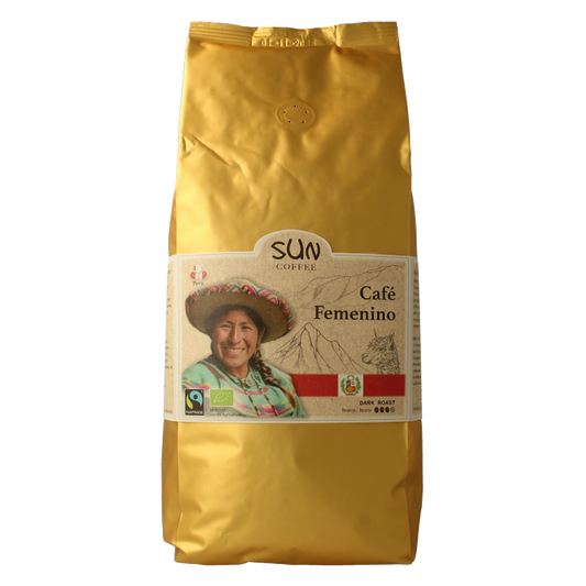 SUN Coffee Cafe Femenino dark roast organic coffee beans, 1kg, for rich flavor in your Koffie en Thee collection.