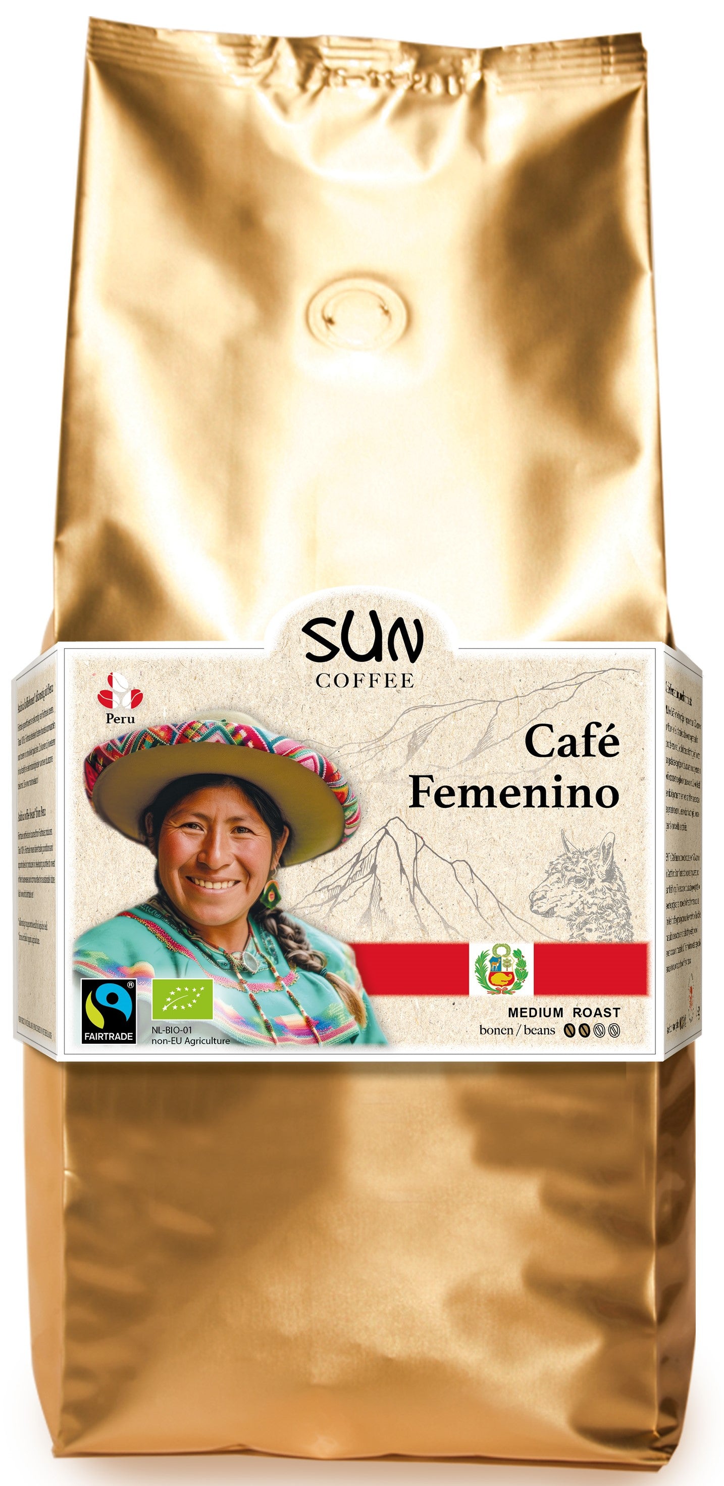 SUN Coffee Femenino medium roast organic coffee in a 1kg bag, showcasing the packaging of the coffee and brand logo.
