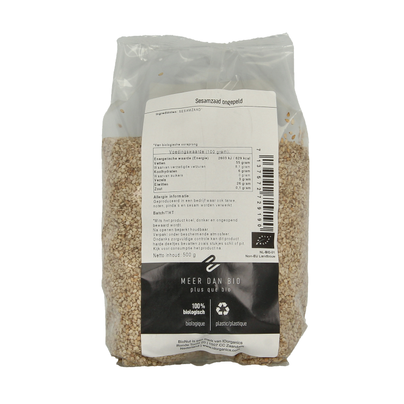 Raw organic Bionut sesame seeds in a 500g package, natural unhulled superfood with light beige color and textured surface.