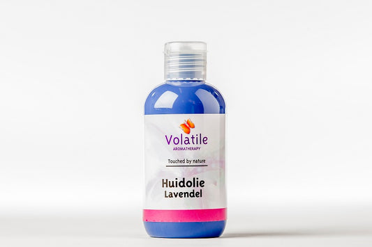 Volatile Lavendel huidolie in 100ml bottle, natural body care product with lavender scent, shown in a clear glass bottle.