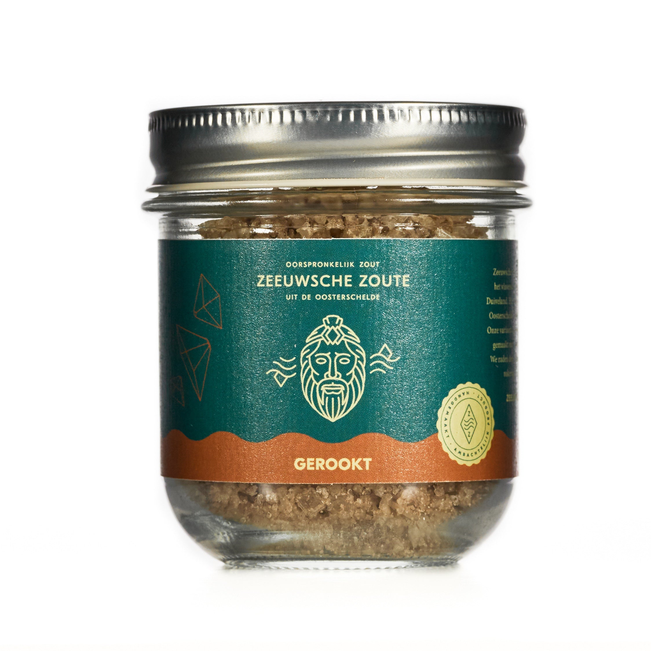 Zeeuwsche Zoute gerookt zout in glazen pot, 100g, with labels and seasoning appearance for herbs, salts, and meal mixes.