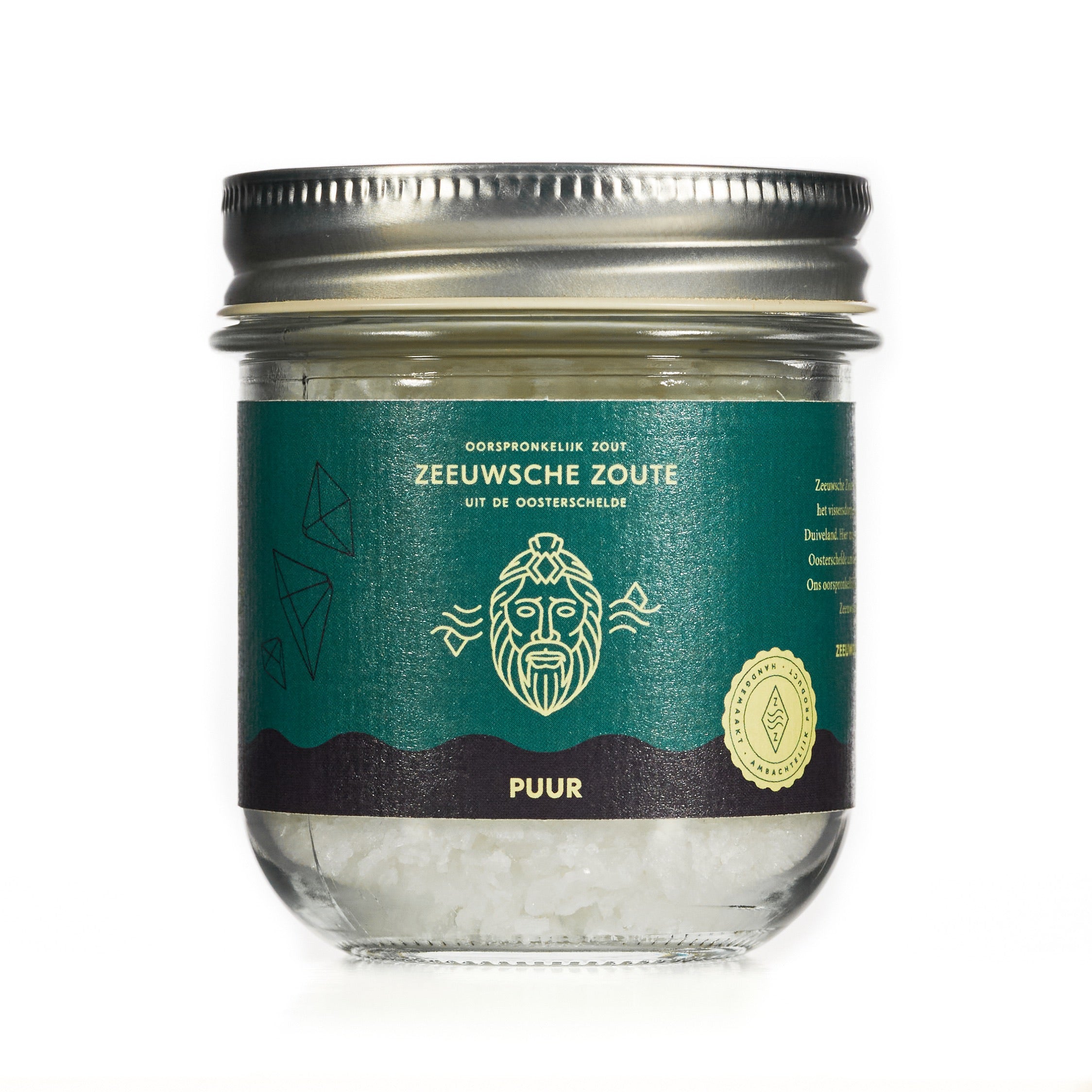 Zeeuwsche Zoute pure zout in a glass jar, 100 grams, suitable for spices, salts, and meal mixes, with a clear label and glass lid.