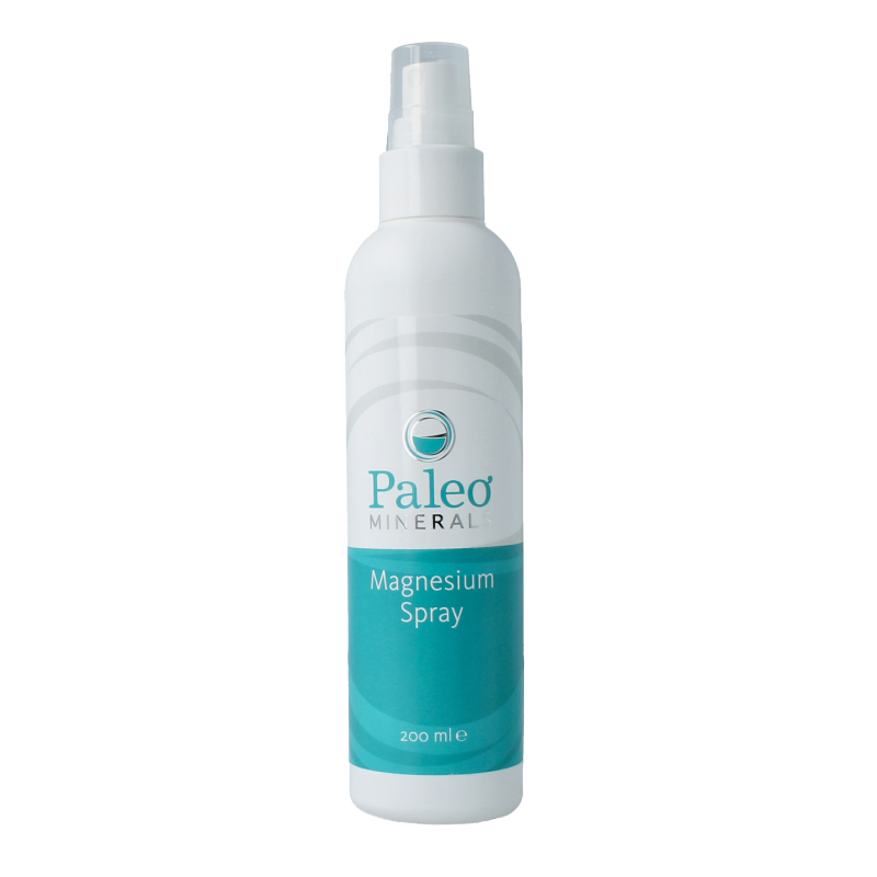 Paleo Minerals Magnesium spray bottle for body care, 200ml, with a clear spray nozzle and label showing product details.
