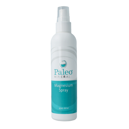 Paleo Minerals Magnesium spray bottle for body care, 200ml, with a clear spray nozzle and label showing product details.