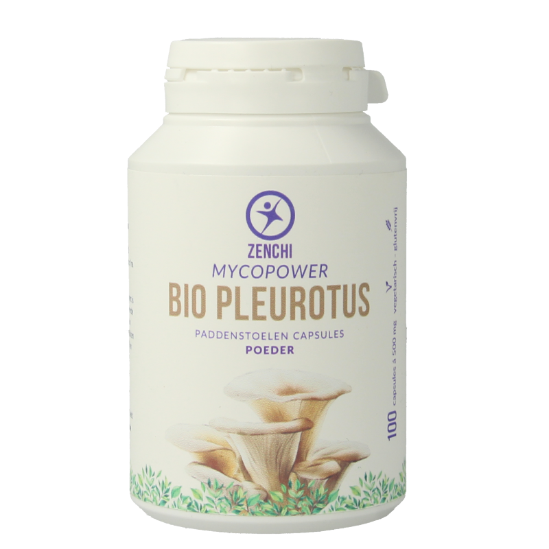 Mycopower Pleurotus bio capsules, herbal supplement from Kruidenpreparaten brand, displayed in a clear container.