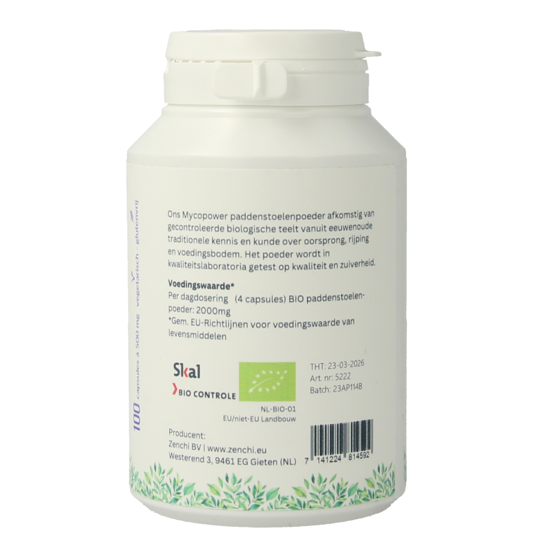 Mycopower Pleurotus bio capsules, herbal supplement by Mycopower, shown in eco-friendly packaging